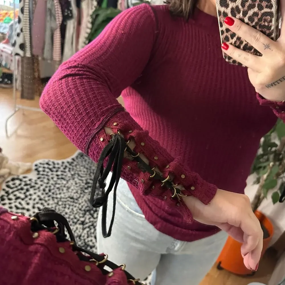 free people maroon ribbed waffle knit thermal mock neck